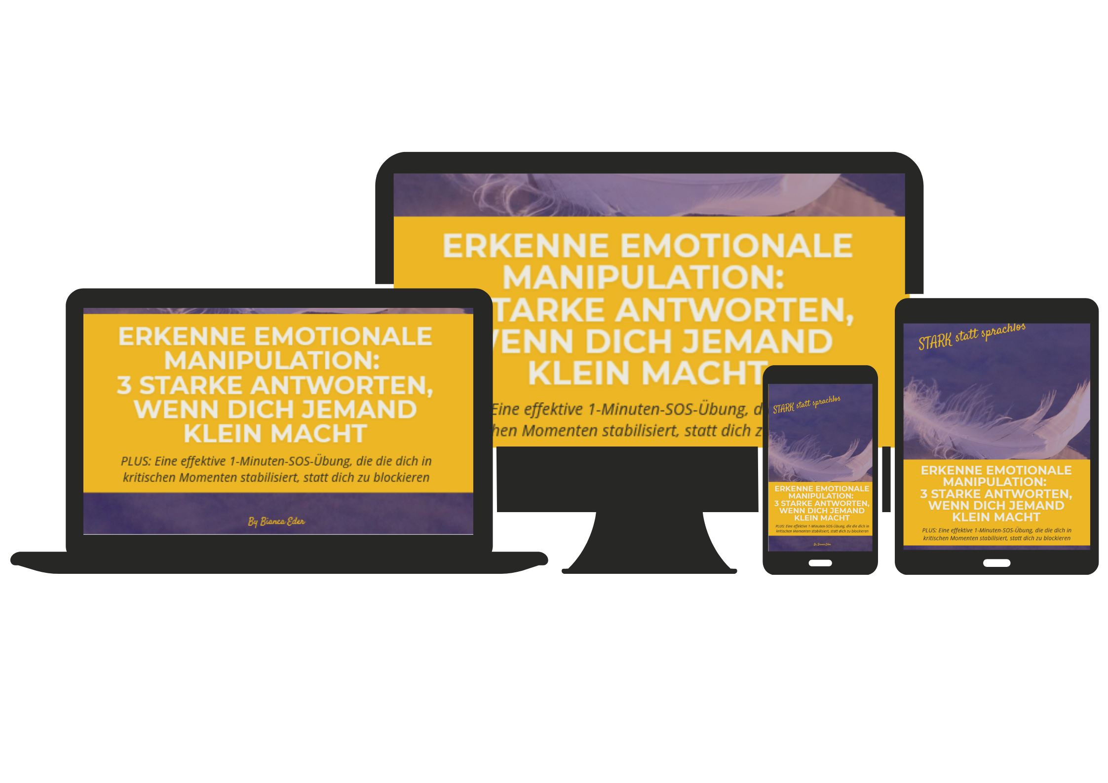 Mockup von PDF-Guide auf Desktop, Tablet und Smartphone – Selbsthilfe-Workbook zur Stärkung des Selbstwerts bei toxischen Beziehungsmustern, Gaslighting und emotionaler Abwertung