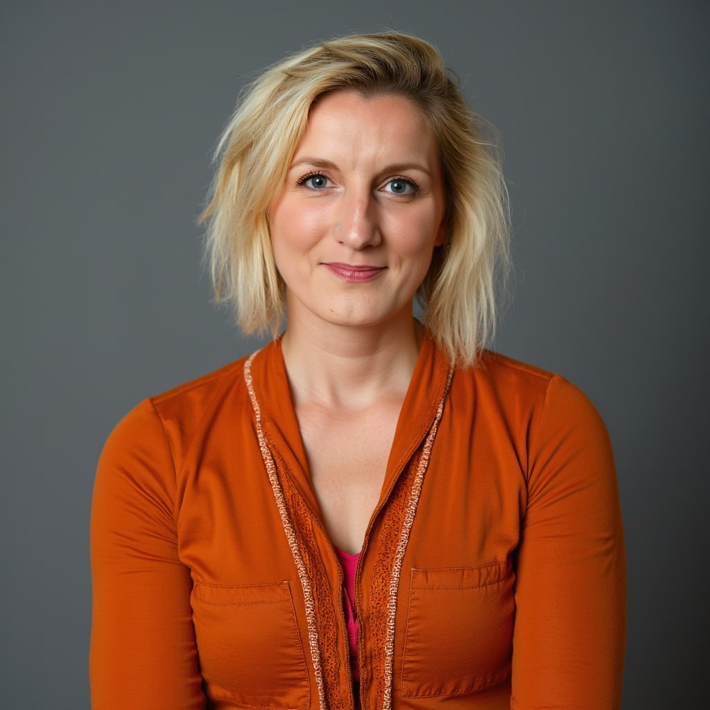 Portrait von Bianca Eder im orangefarbenen Oberteil vor dunkelgrauem Hintergrund – psychologische Begleitung bei Entwicklungstrauma, emotionaler Abhängigkeit und dem Wunsch nach sicheren Beziehungen